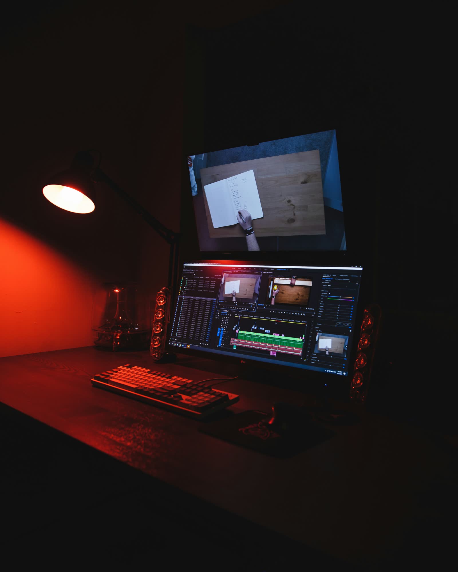 Video editing desk with Premiere Pro timeline under red lamp light