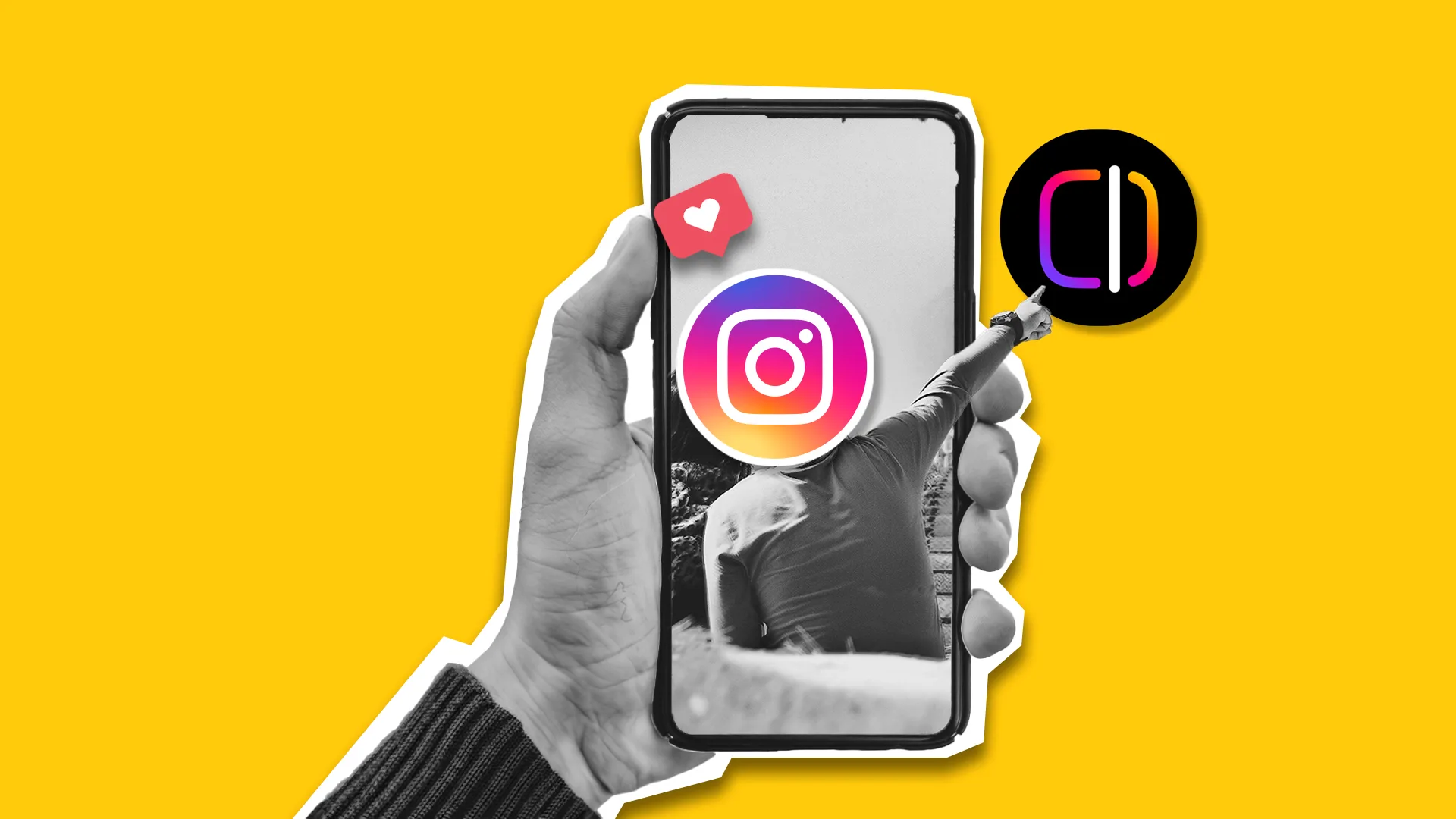 Hand holding a phone showing the Instagram app with a Reel