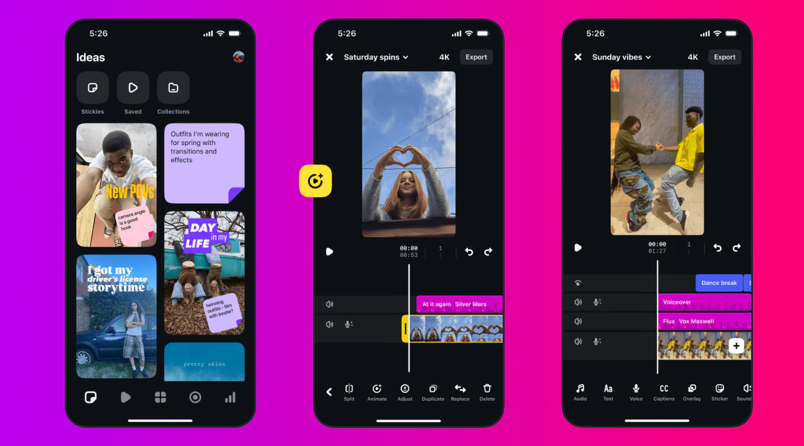 Instagram's Reels editor showing the Ideas tab, transition editor with heart effects, and a multi-track timeline