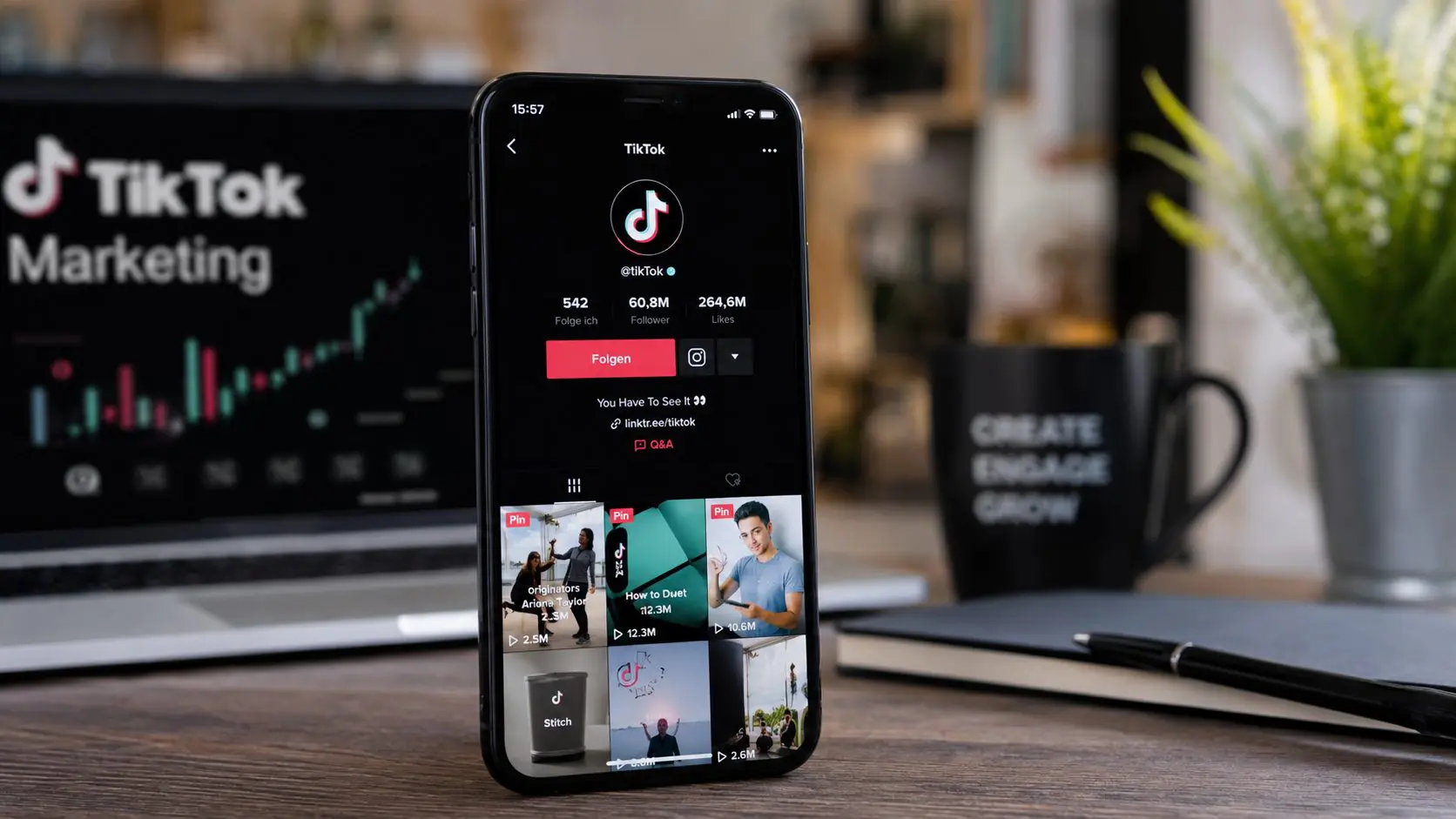 TikTok app showing the @tiktok official account with 60.8M followers and 264.6M likes